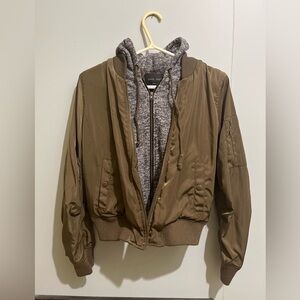Love Tree Olive Bomber Jacket with Knit Hood- Size Small